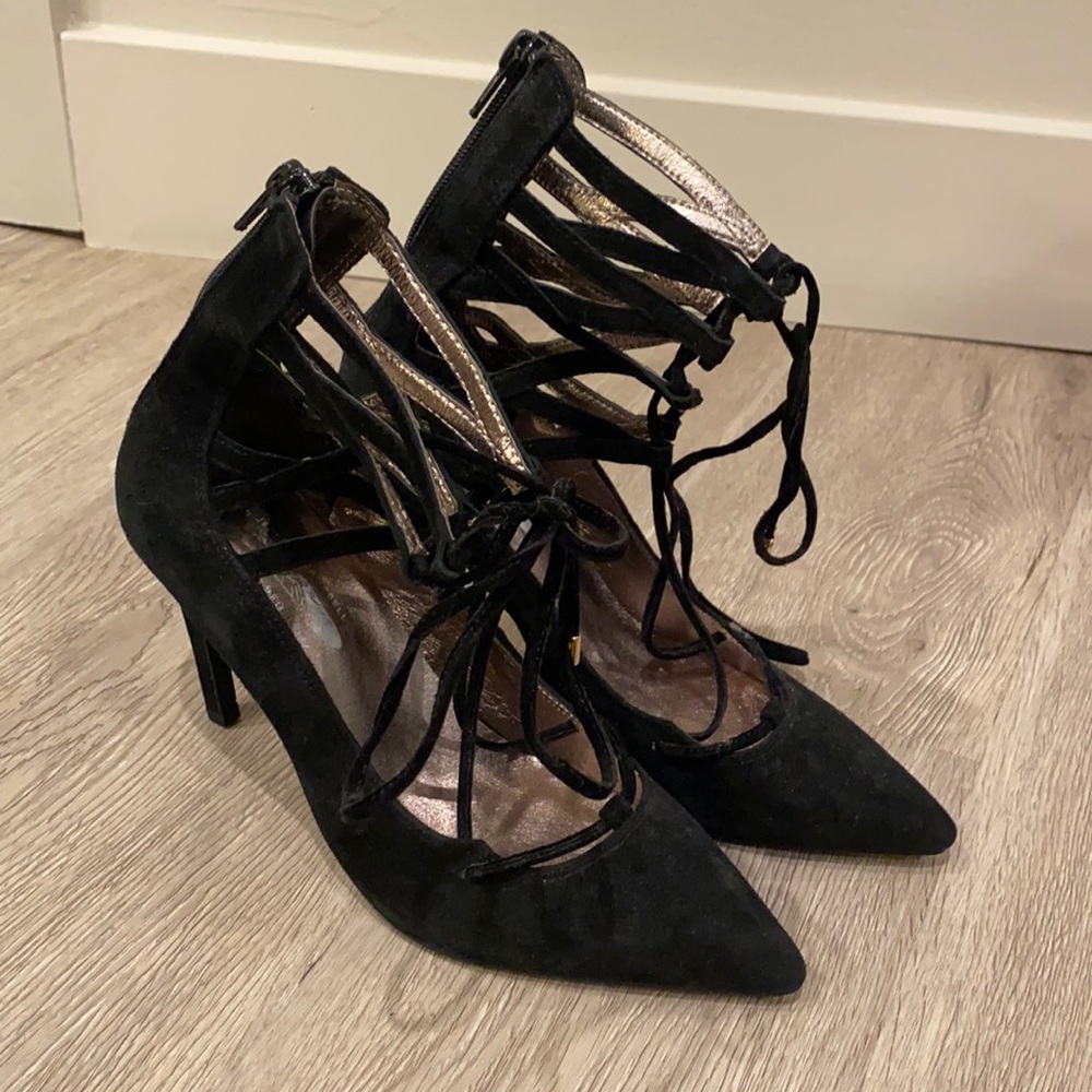Black suede lace up heels